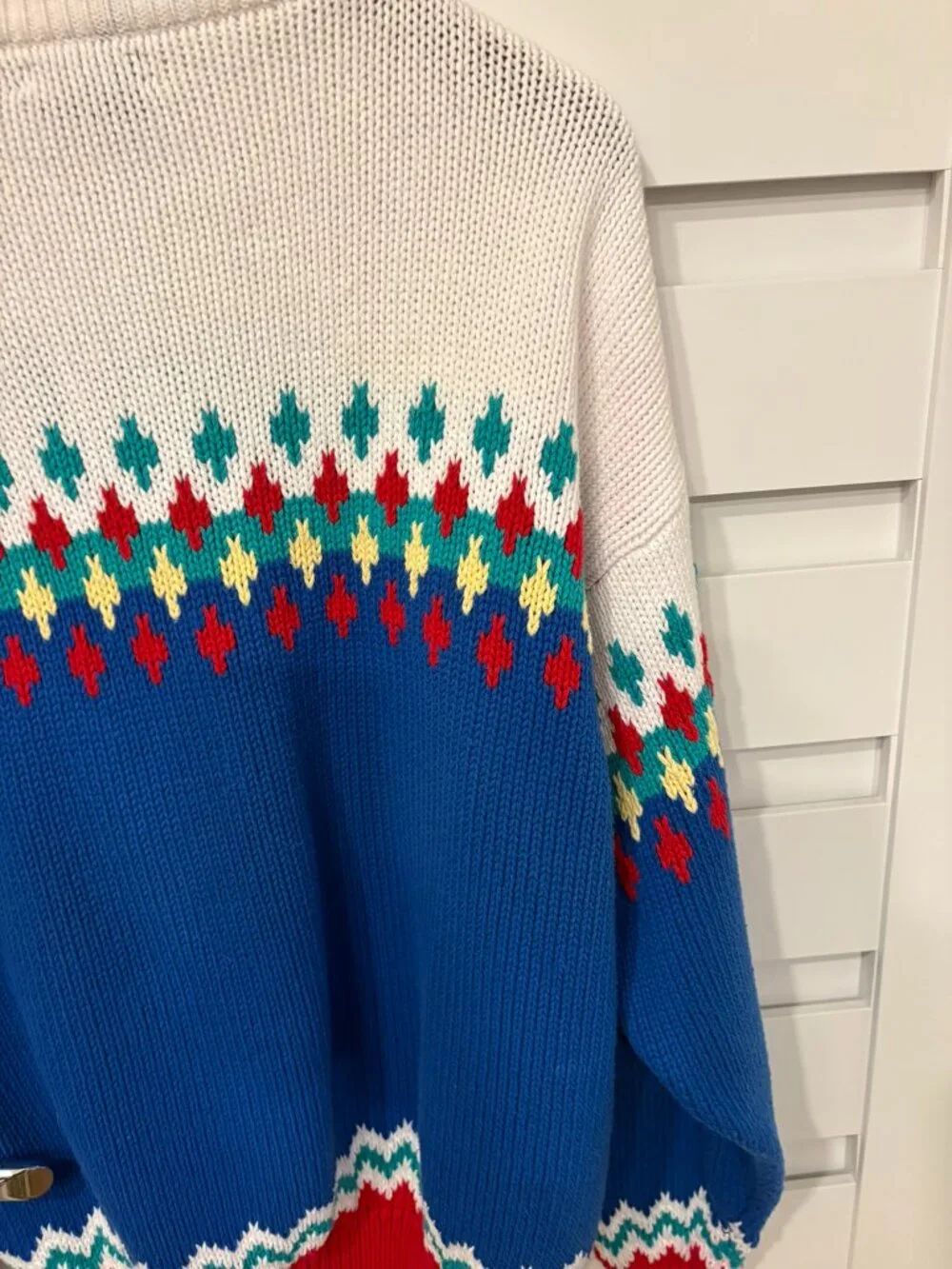 IZOD Vintage Fair Isle Cotton Sweater Blue Red Geometric Ski Crewneck Men’s L